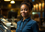 Woman, entrepreneur and portrait with cash register for management, small business or leadership. Positive, confident and proud for retail, shop and service industry with grocery store background