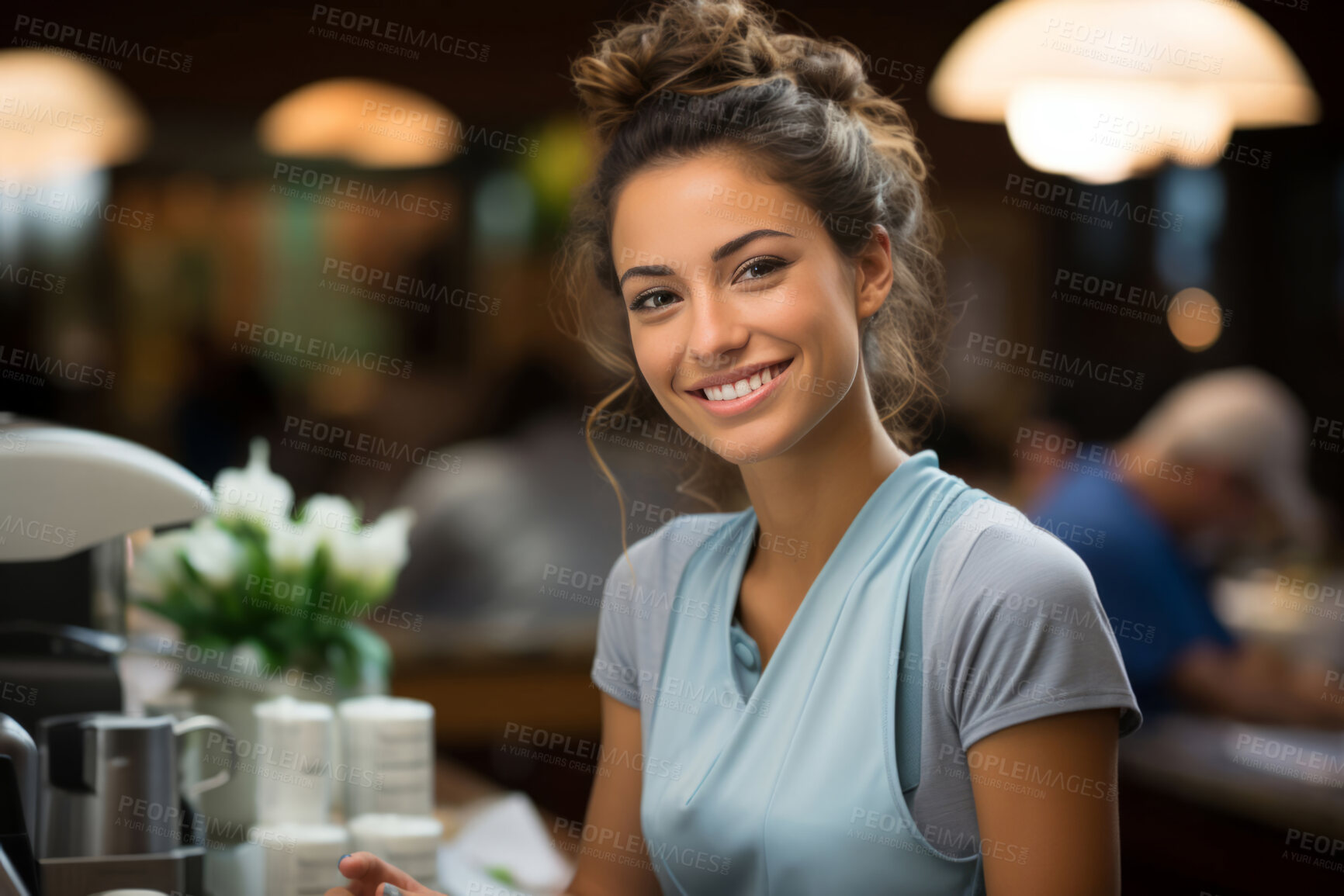 Buy stock photo Woman, entrepreneur and portrait with cash register for management, small business or leadership. Positive, confident and proud for retail, shop and service industry with grocery store background