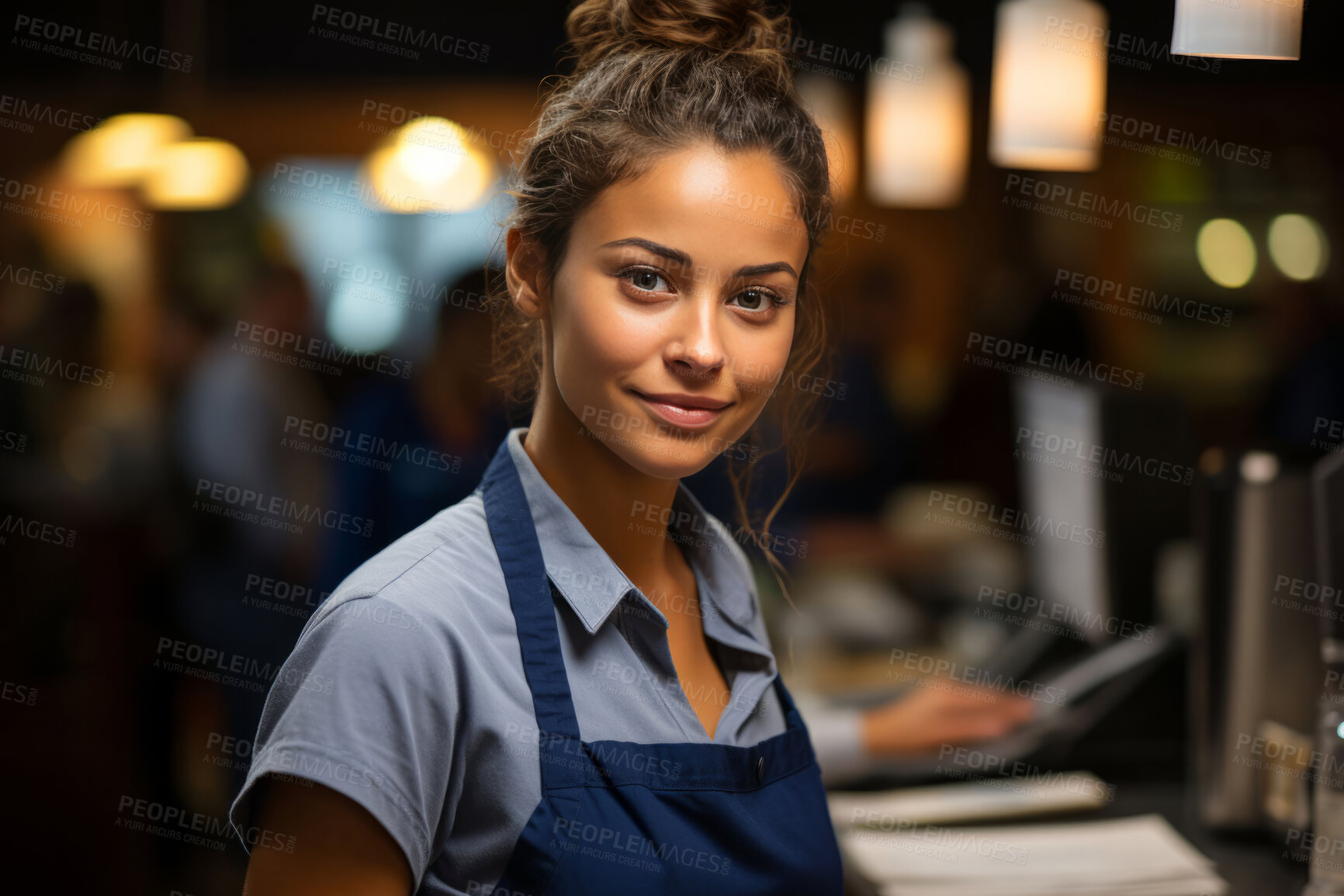 Buy stock photo Woman, entrepreneur and portrait with cash register for management, small business or leadership. Positive, confident and proud for retail, shop and service industry with grocery store background