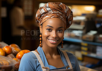 Black woman, entrepreneur and portrait with cash register for management, small business or leadership. Positive, confident and proud for retail, shop and service industry with grocery store background