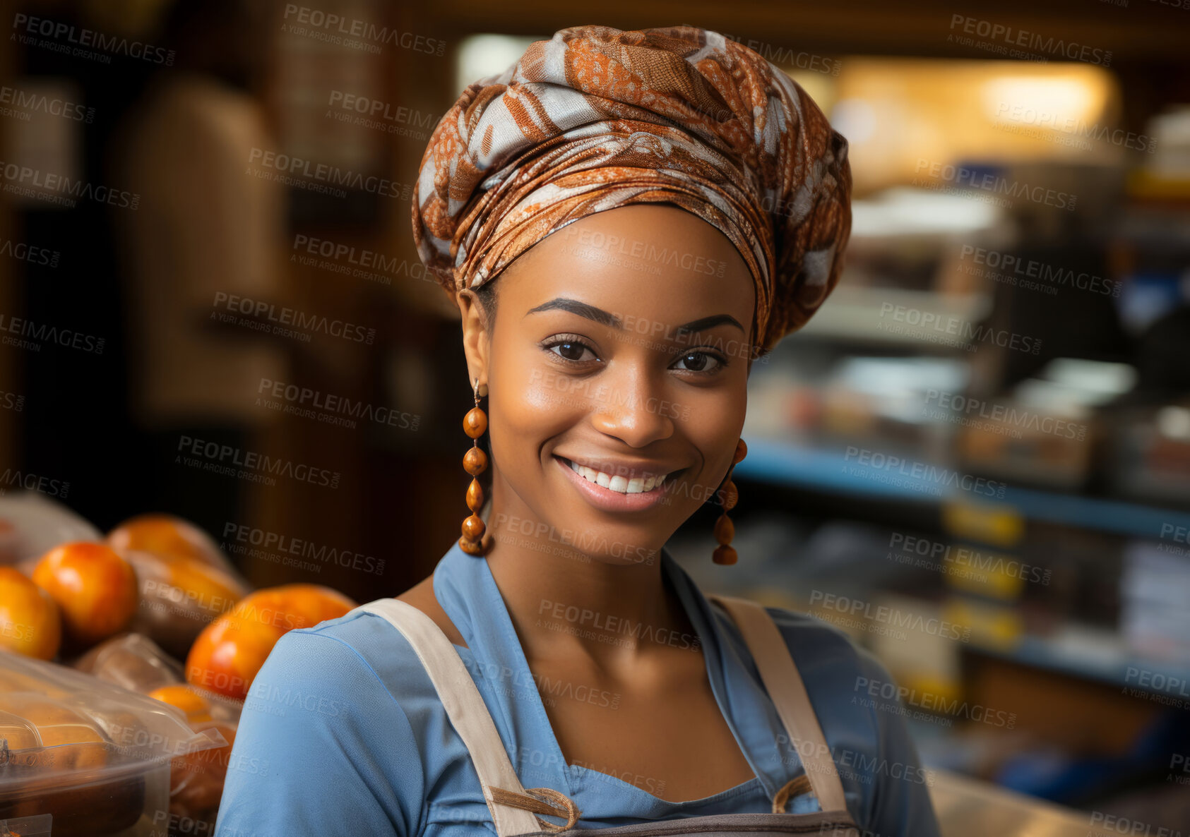 Buy stock photo Black woman, entrepreneur and portrait with cash register for management, small business or leadership. Positive, confident and proud for retail, shop and service industry with grocery store background