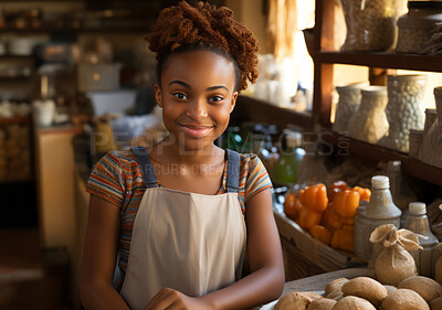 Black Girl, entrepreneur and portrait with vegetables for management, small business or leadership. Positive, confident and proud for retail, shop and service industry with grocery store background