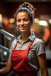 Woman, entrepreneur and portrait with cash register for management, small business or leadership. Positive, confident and proud for retail, shop and service industry with grocery store background