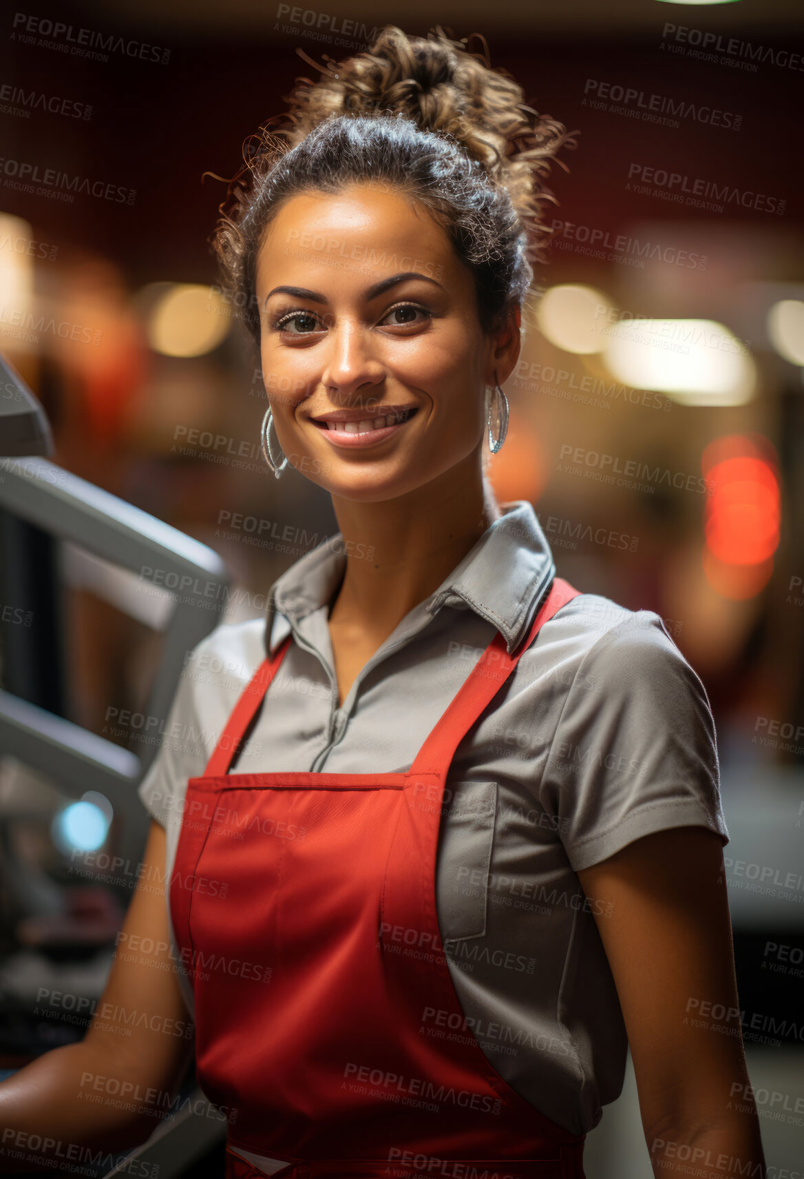 Buy stock photo Woman, entrepreneur and portrait with cash register for management, small business or leadership. Positive, confident and proud for retail, shop and service industry with grocery store background