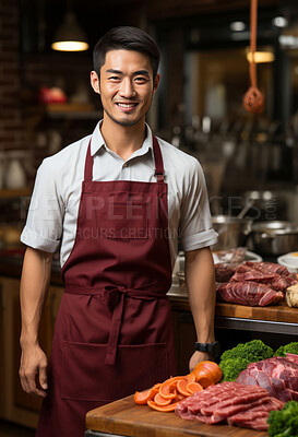 Asian man, entrepreneur and portrait with cash register for management, small business or leadership. Positive, confident and proud for retail, shop and service industry with grocery store background