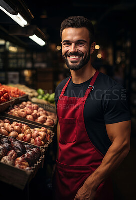 Man, entrepreneur and portrait with cash register for management, small business or leadership. Positive, confident and proud for retail, shop and service industry with grocery store background