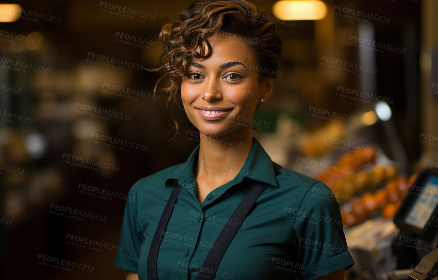 Buy stock photo Black woman, entrepreneur and portrait with cash register for management, small business or leadership. Positive, confident and proud for retail, shop and service industry with grocery store background