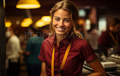 Woman, entrepreneur and portrait with cash register for management, small business or leadership. Positive, confident and proud for retail, shop and service industry with restaurant background