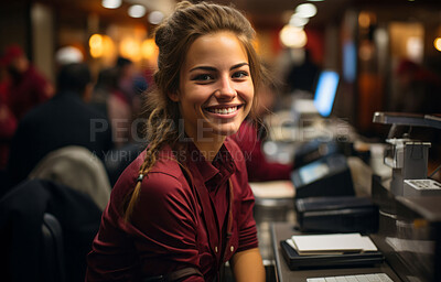 Woman, entrepreneur and portrait with cash register for management, small business or leadership. Positive, confident and proud for retail, shop and service industry with restaurant background