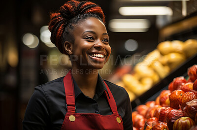 Black woman, entrepreneur and smile with cash register for management, small business or leadership. Positive, confident and proud for retail, shop and service industry with grocery store background