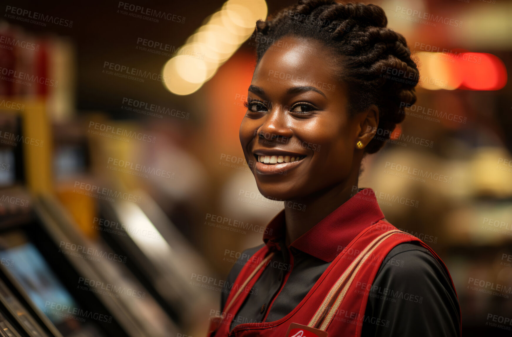 Buy stock photo Black woman, entrepreneur and portrait with cash register for management, small business or leadership. Positive, confident and proud for retail, shop and service industry with grocery store background