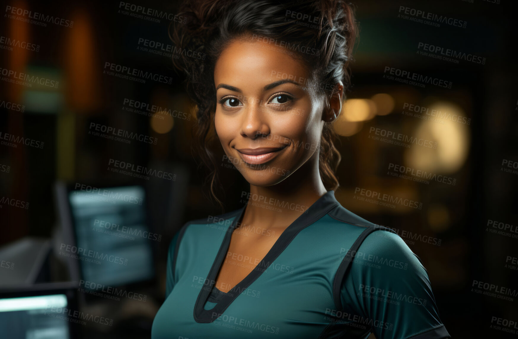 Buy stock photo Black woman, entrepreneur and portrait with cash register for management, small business or leadership. Positive, confident and proud for retail, shop and service industry with grocery store background