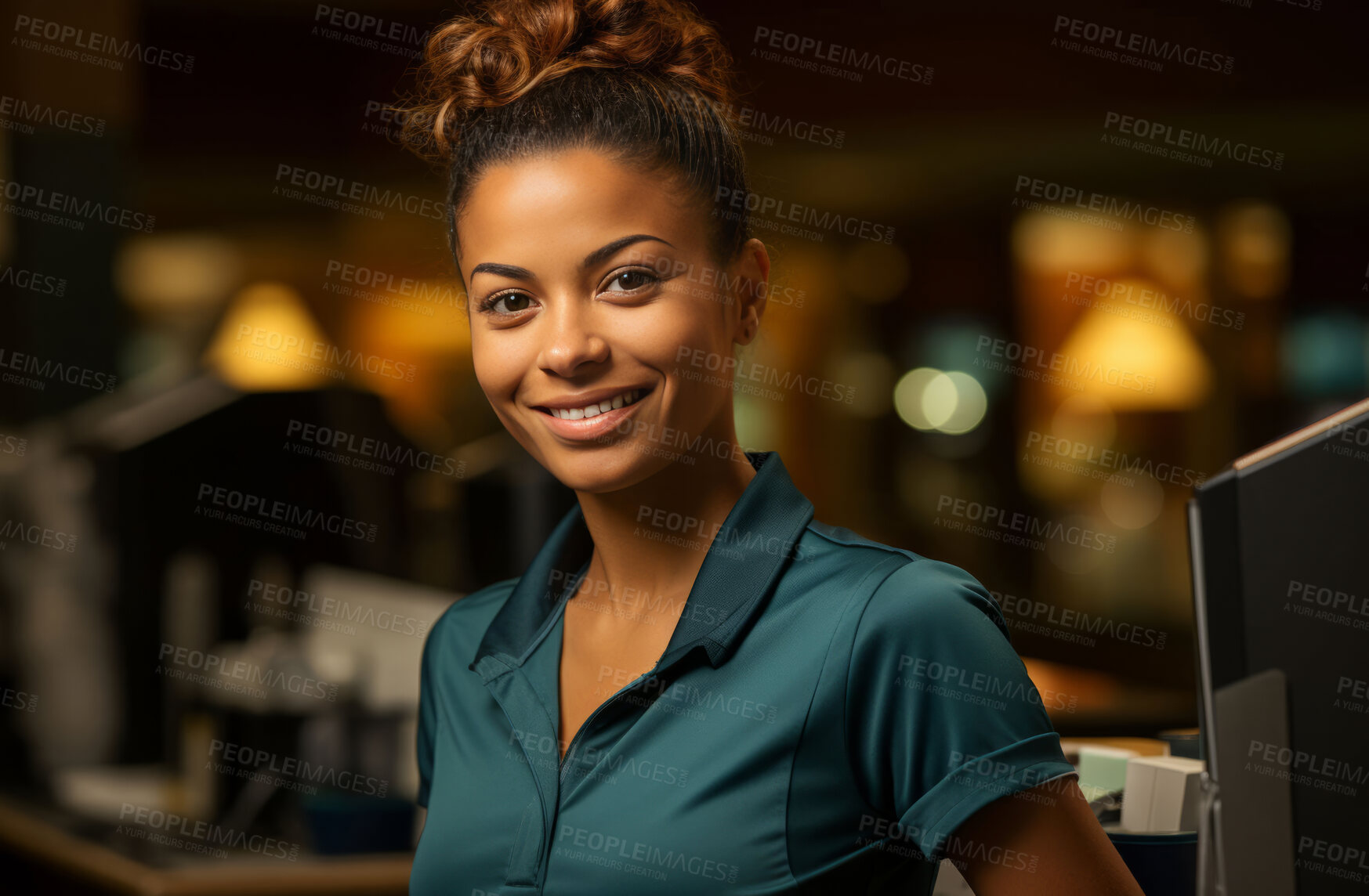 Buy stock photo Black woman, entrepreneur and portrait with cash register for management, small business or leadership. Positive, confident and proud for retail, shop and service industry with grocery store background