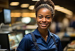 Black woman, entrepreneur and portrait with cash register for management, small business or leadership. Positive, confident and proud for retail, shop and service industry with grocery store background