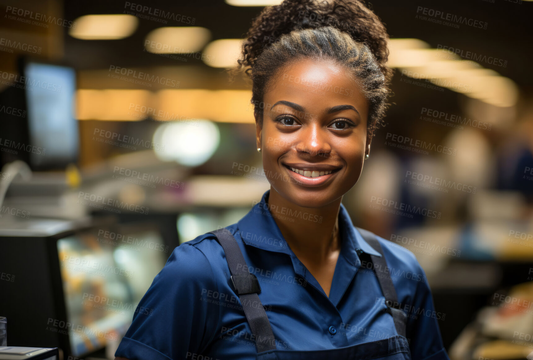 Buy stock photo Black woman, entrepreneur and portrait with cash register for management, small business or leadership. Positive, confident and proud for retail, shop and service industry with grocery store background