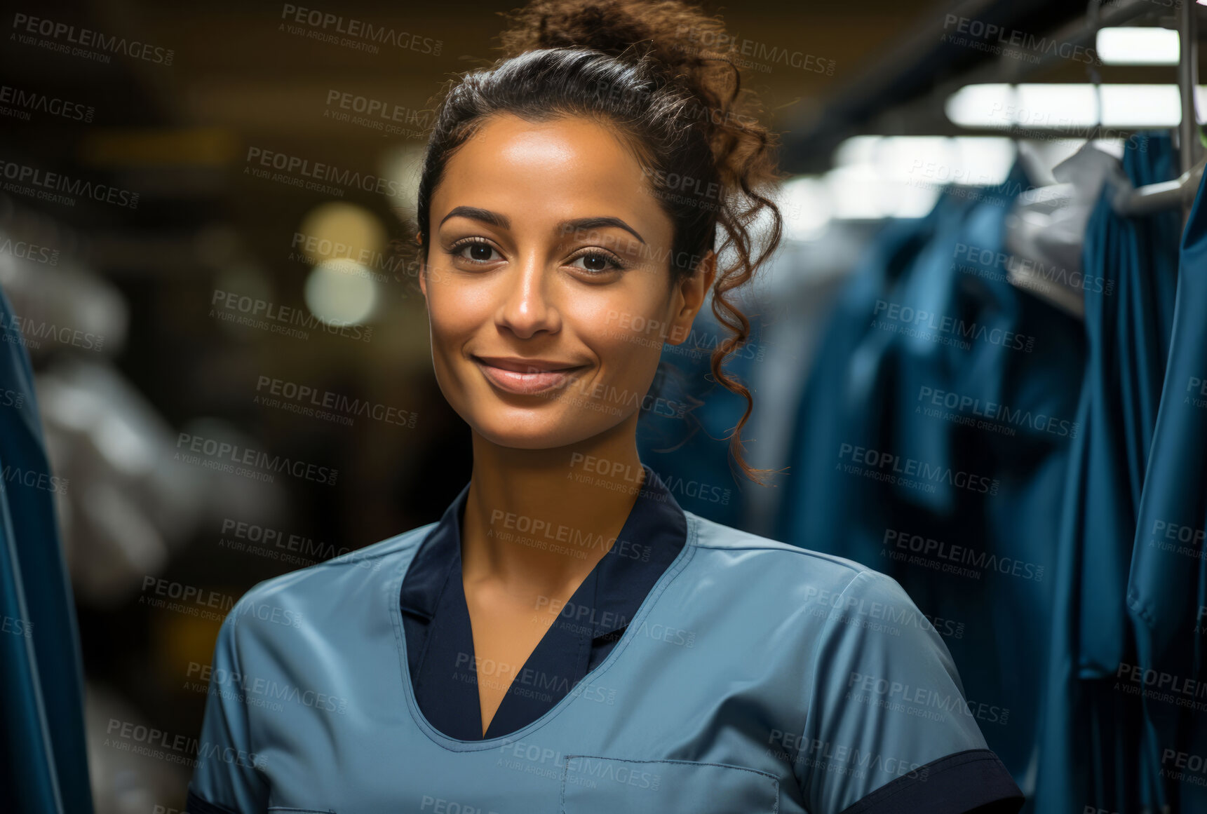 Buy stock photo Black woman, entrepreneur and portrait with cash register for management, small business or leadership. Positive, confident and proud for retail, shop and service industry with laundry  background