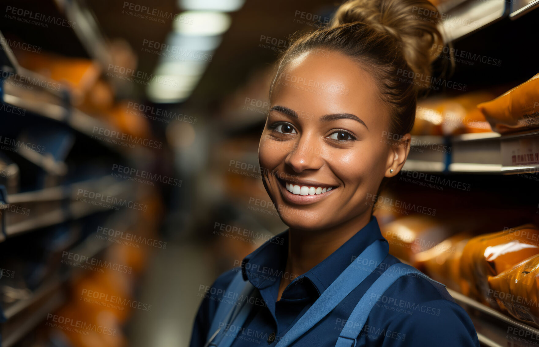 Buy stock photo Black woman, entrepreneur and portrait with cash register for management, small business or leadership. Positive, confident and proud for retail, shop and service industry with grocery store background