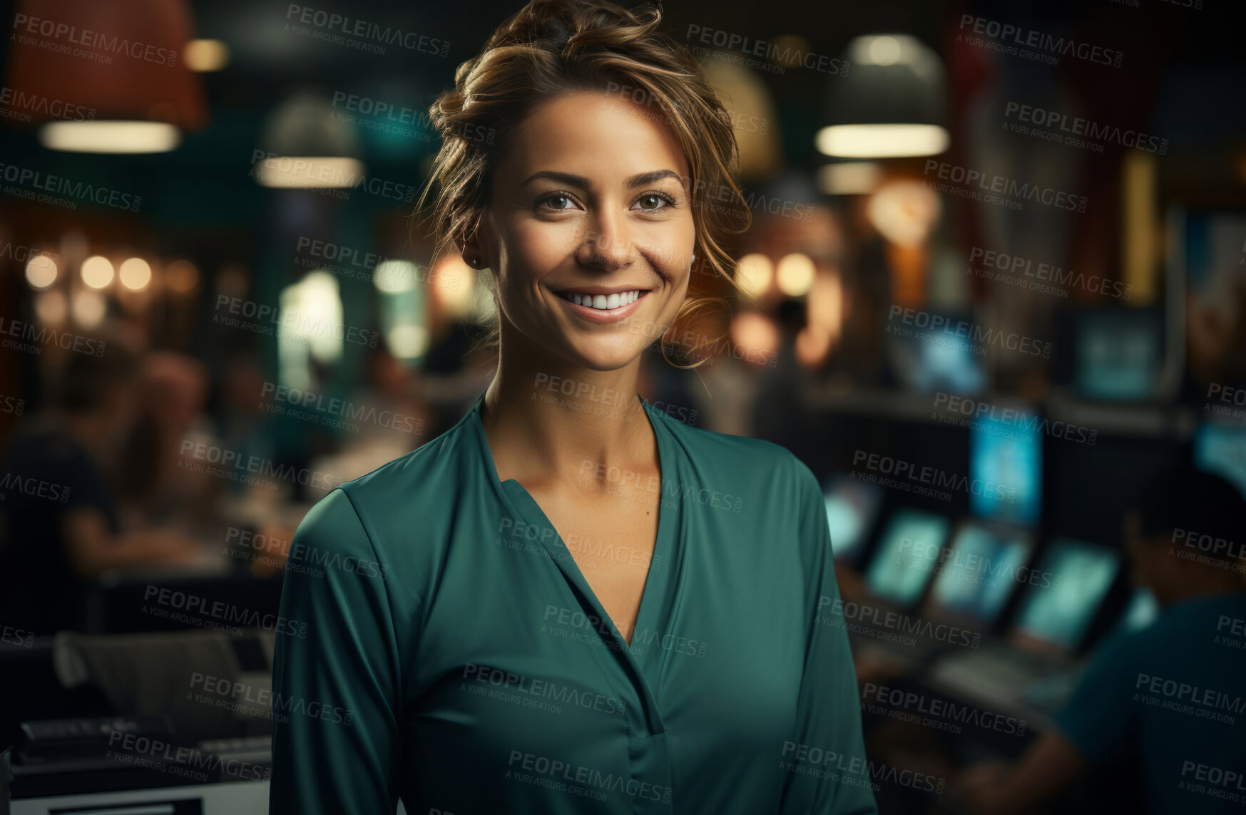 Buy stock photo Happy woman, worker and portrait with smile for management, small business or casino staff. Positive, confident and proud person for retail, restaurant and service industry with evening lights