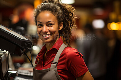 Happy woman, worker and portrait with smile for management, small business or casino staff. Positive, confident and proud for retail, restaurant and service industry with cash register and lights.