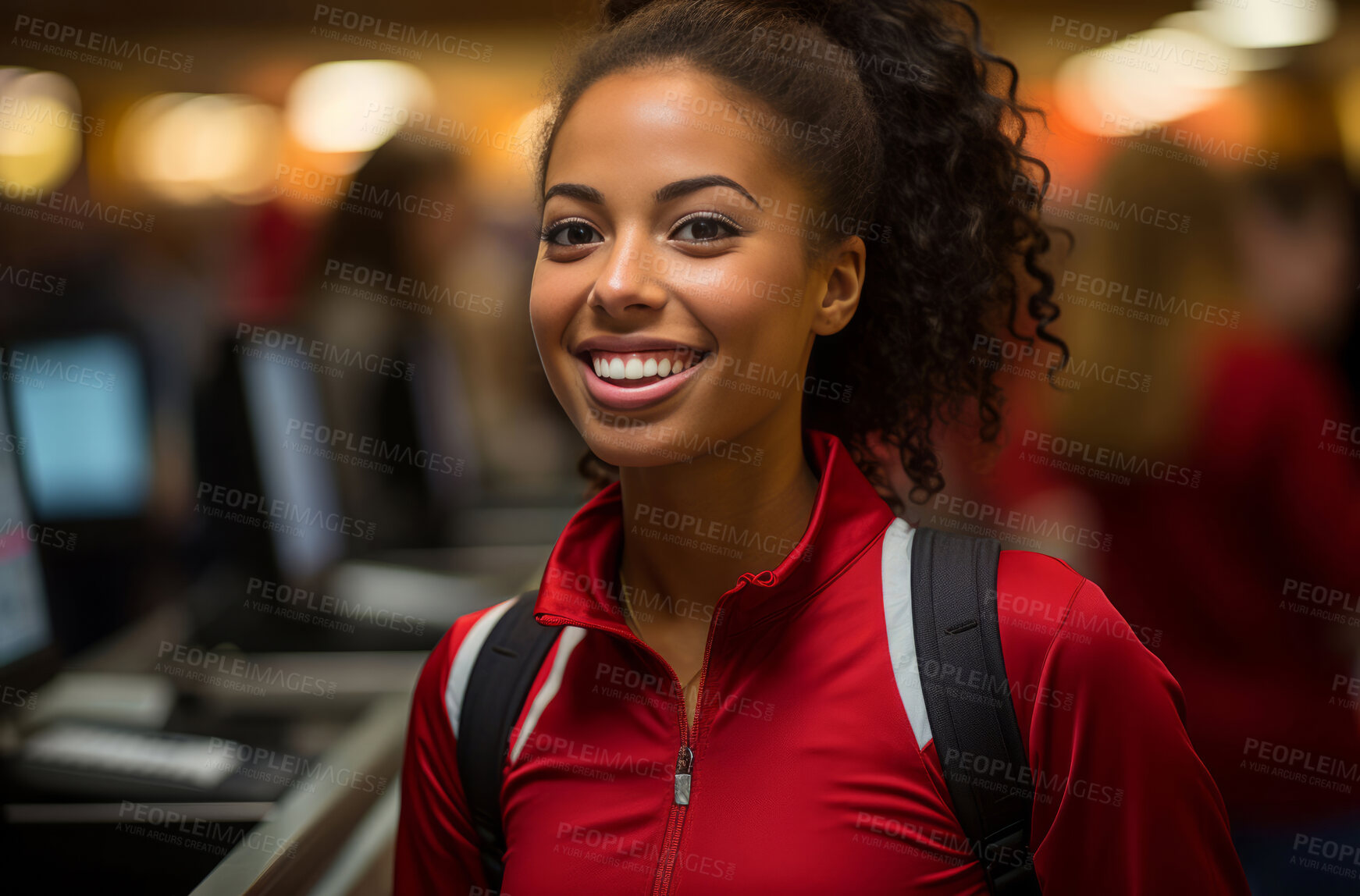 Buy stock photo Happy woman, worker and portrait with smile for management, small business or casino staff. Positive, confident and proud person for retail, restaurant and service industry with evening lights