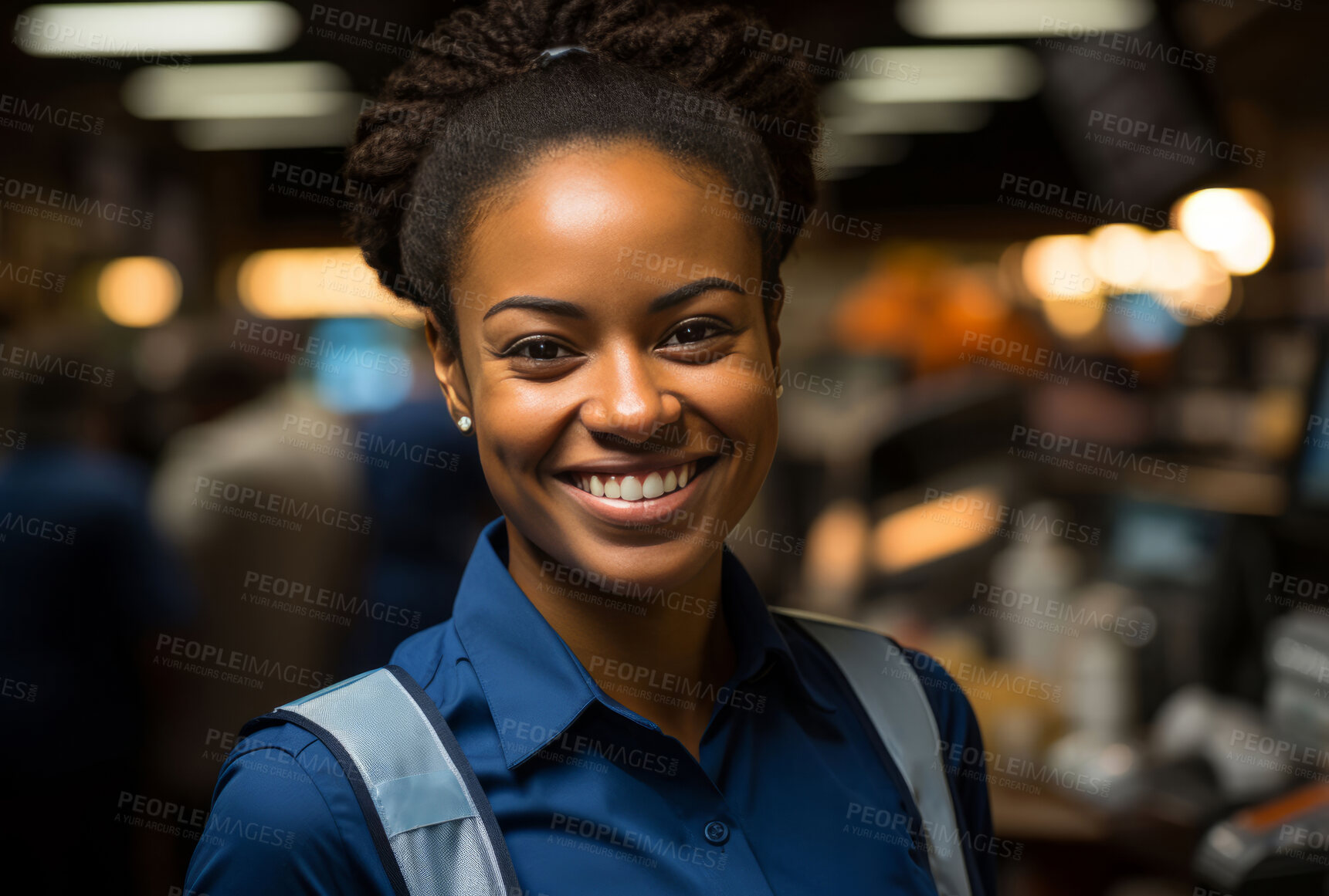 Buy stock photo Black woman, entrepreneur and portrait with cash register for management, small business or leadership. Positive, confident and proud for retail, shop and service industry with grocery store background