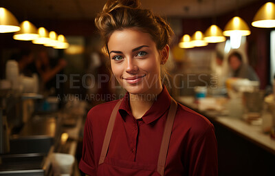 Happy woman, waitress and portrait with smile for management, small business or restaurant. Positive, confident and proud for retail, fine dining and service industry with kitchen background.