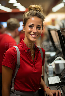 Happy woman, worker and portrait with smile for management, small business or restaurant. Positive, confident and proud for retail, grocery store and service industry with cash register and counter.