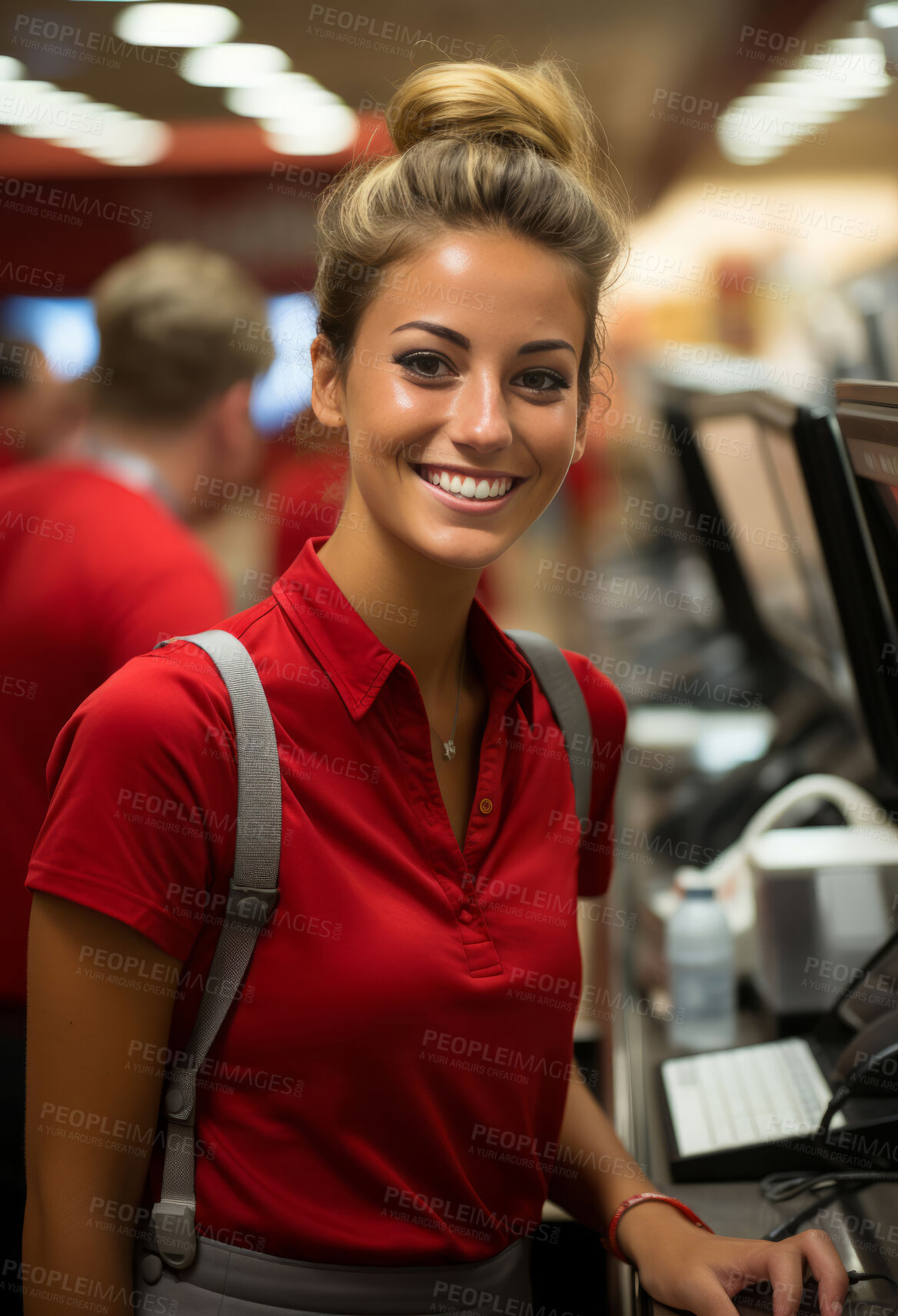 Buy stock photo Happy woman, worker and portrait with smile for management, small business or restaurant. Positive, confident and proud for retail, grocery store and service industry with cash register and counter.