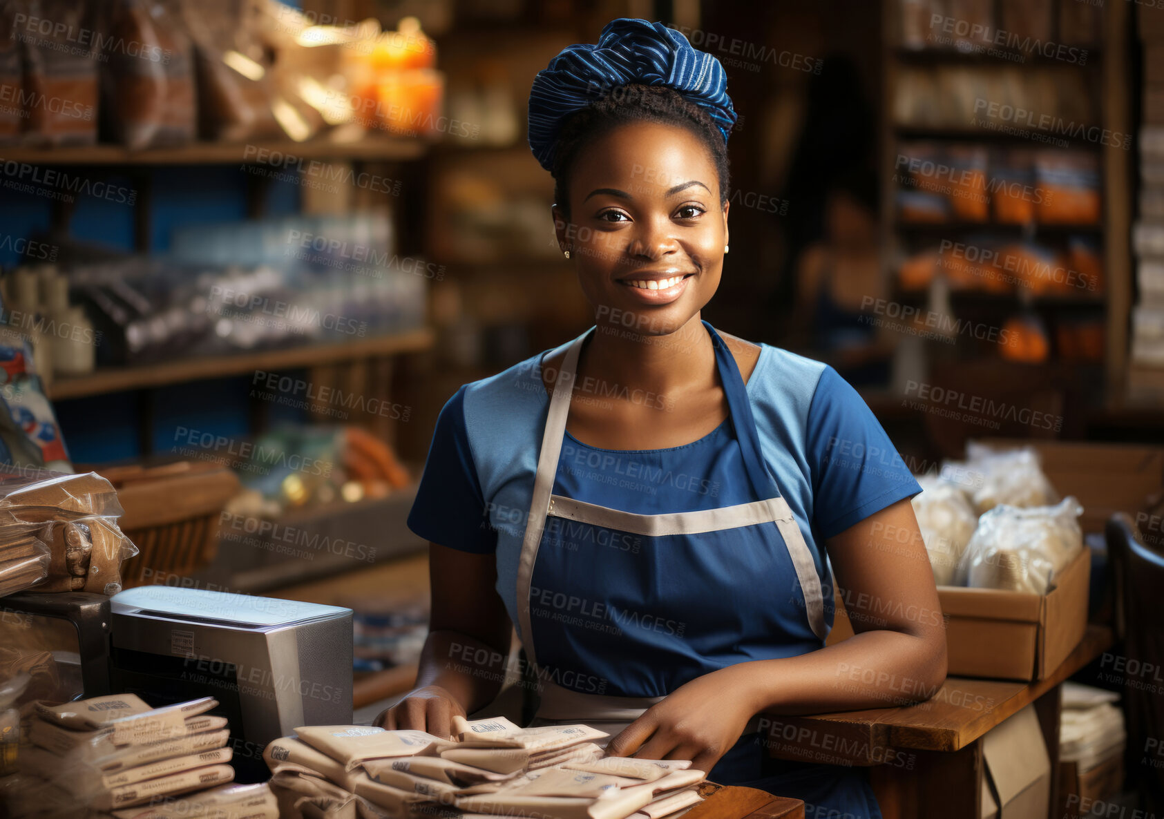 Buy stock photo Black woman, entrepreneur and portrait with cash register for management, small business or leadership. Positive, confident and proud for retail, shop and service industry with grocery store background