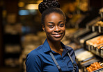 Black woman, entrepreneur and portrait with cash register for management, small business or leadership. Positive, confident and proud for retail, shop and service industry with grocery store background