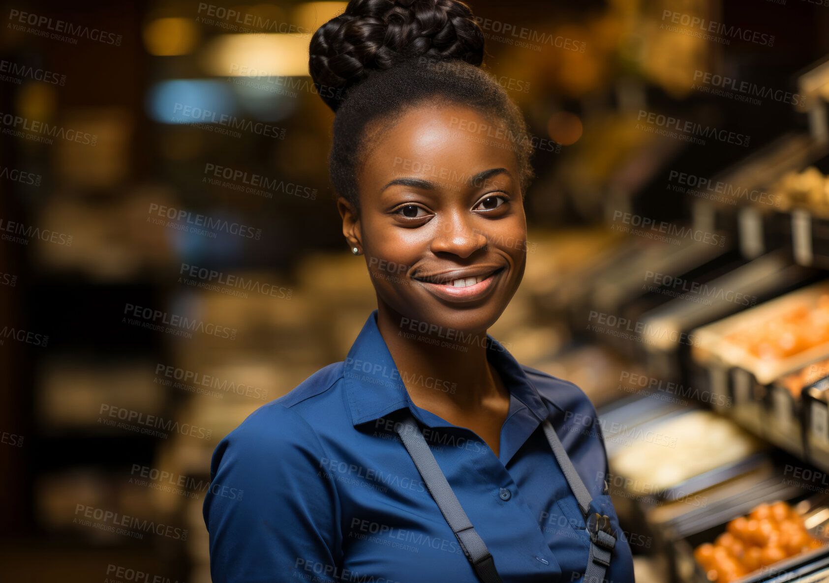 Buy stock photo Black woman, entrepreneur and portrait with cash register for management, small business or leadership. Positive, confident and proud for retail, shop and service industry with grocery store background