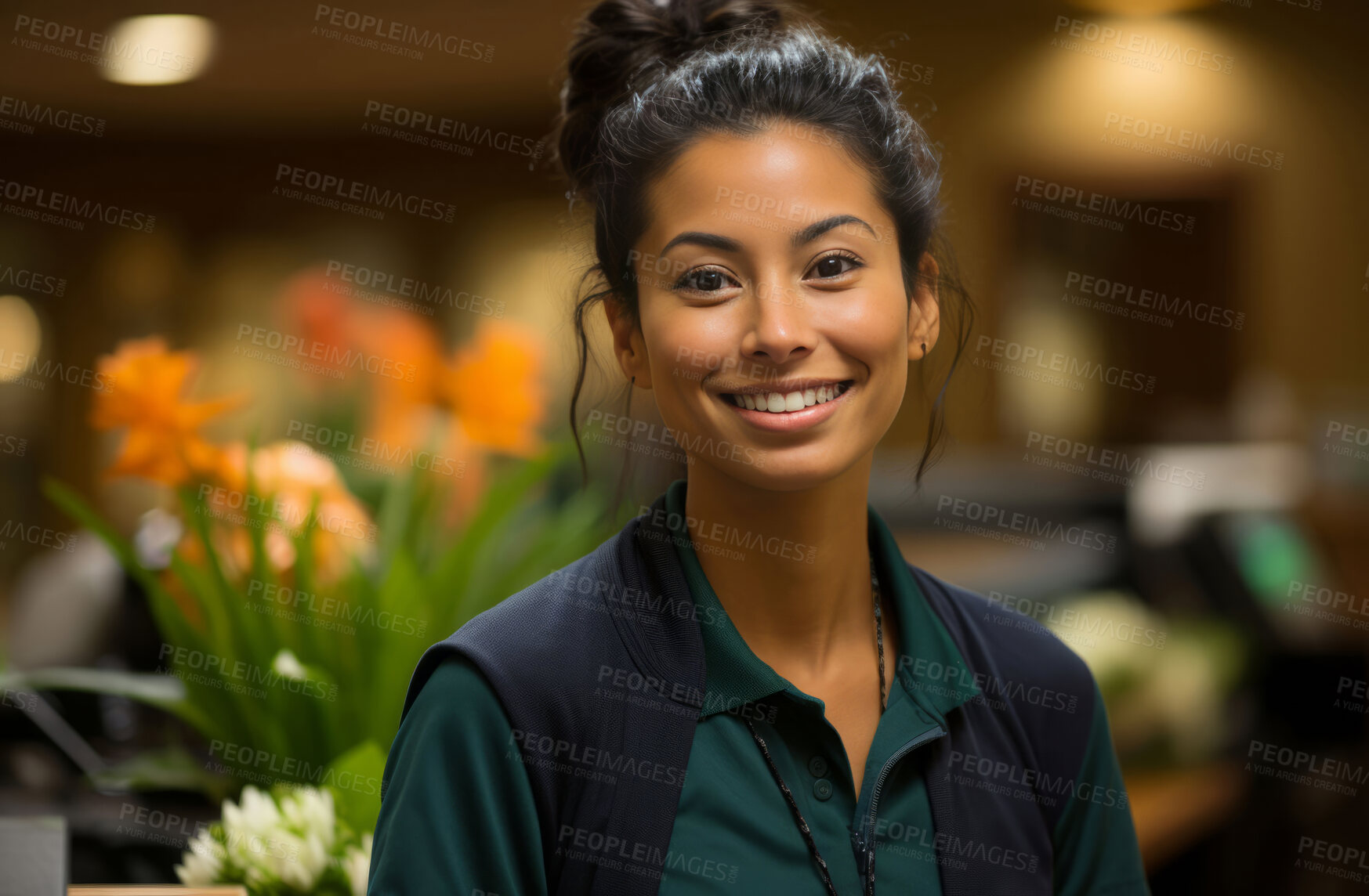 Buy stock photo Asian woman, entrepreneur and portrait with flowers for management, small business or leadership. Positive, confident and proud for retail, shop and service industry with grocery store background