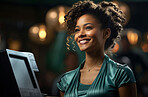 Black woman, entrepreneur and smile with cash register for management, small business or leadership. Positive, confident and proud for retail, shop and service industry with bokeh background