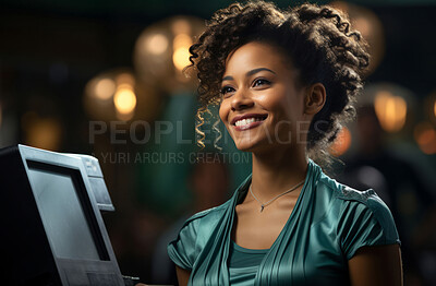 Black woman, entrepreneur and smile with cash register for management, small business or leadership. Positive, confident and proud for retail, shop and service industry with bokeh background