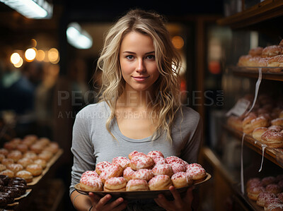 Woman, entrepreneur and portrait with donuts for management, small business or leadership. Positive, confident and proud for retail, bakery store and service industry with apron and fresh baked goods