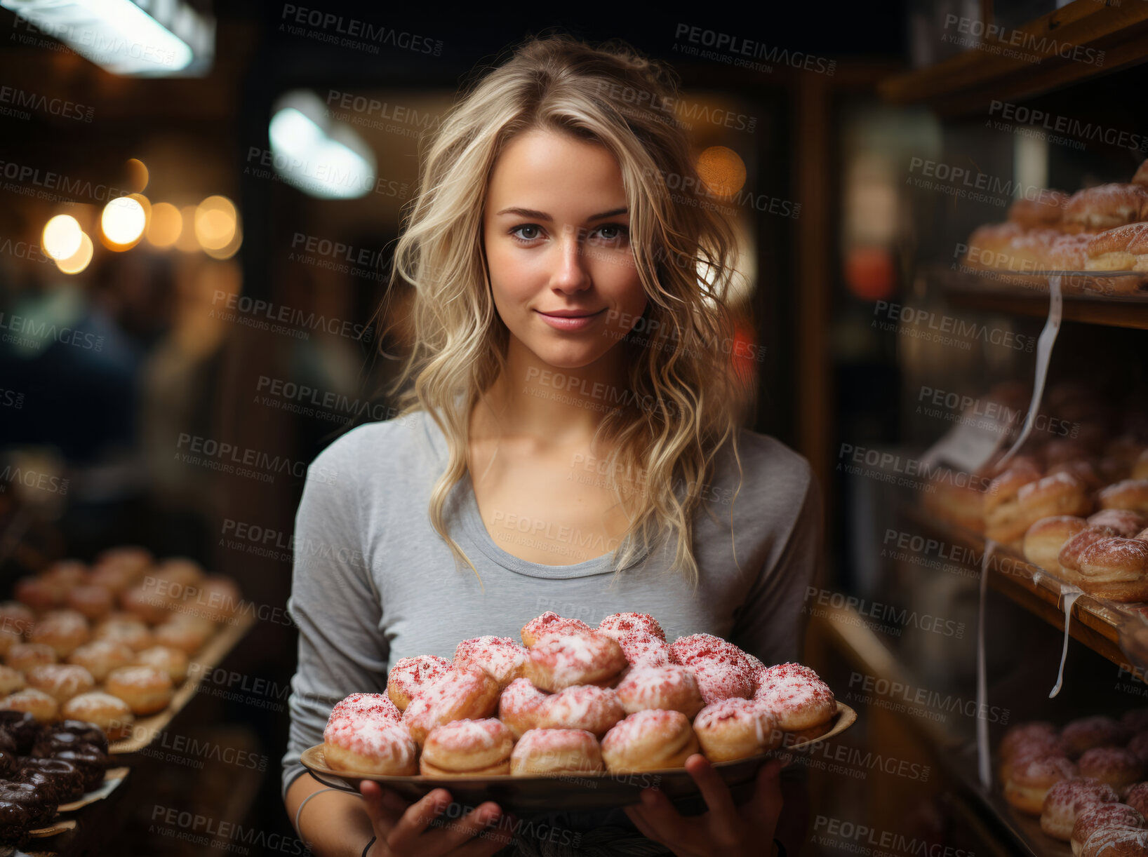 Buy stock photo Woman, entrepreneur and portrait with donuts for management, small business or leadership. Positive, confident and proud for retail, bakery store and service industry with apron and fresh baked goods