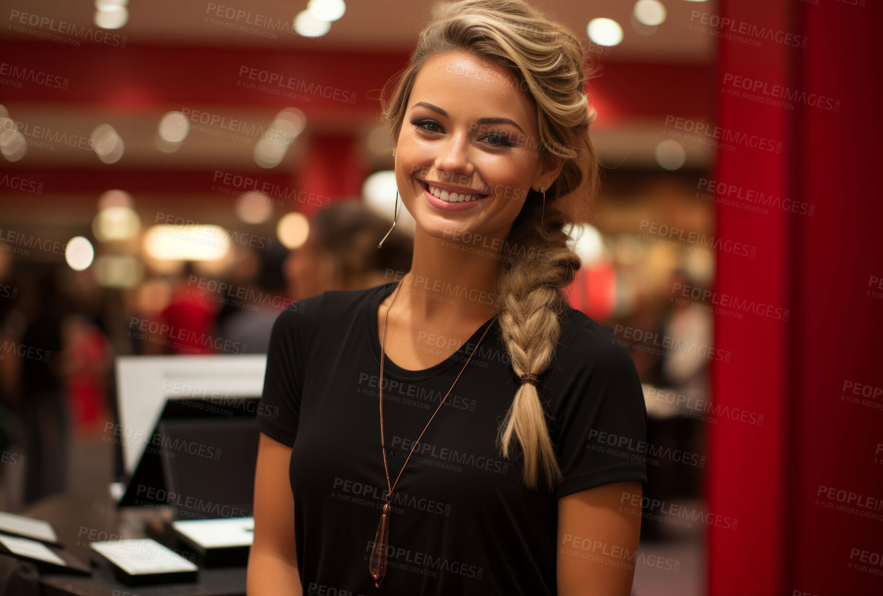 Buy stock photo Happy woman, worker and portrait with smile for management, small business or restaurant. Positive, confident and proud for retail, grocery store and service industry with cash register and counter.