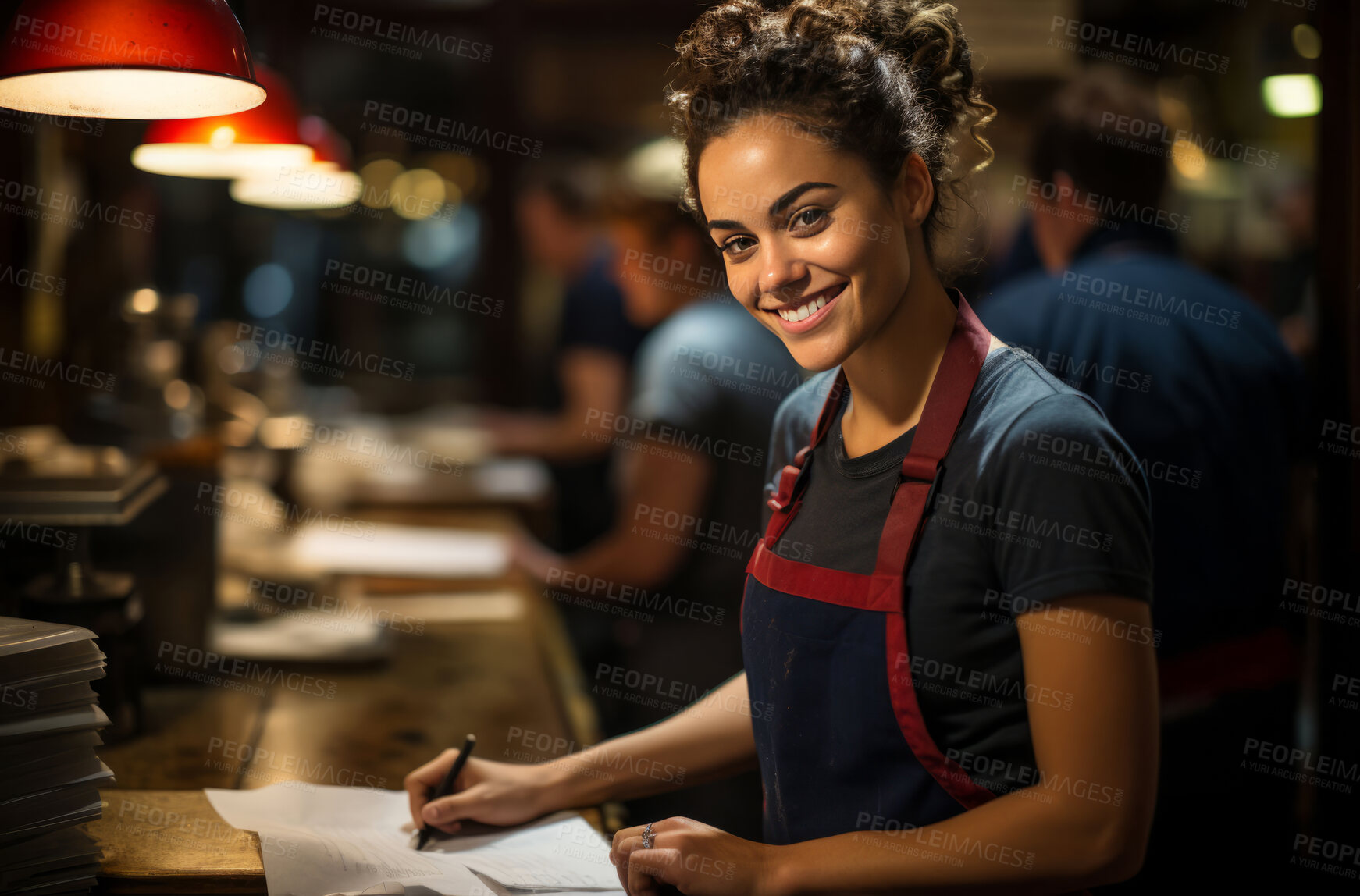 Buy stock photo Happy woman, worker and portrait with smile for management, small business or restaurant. Positive, confident and proud for retail, grocery store and service industry with cash register and counter.