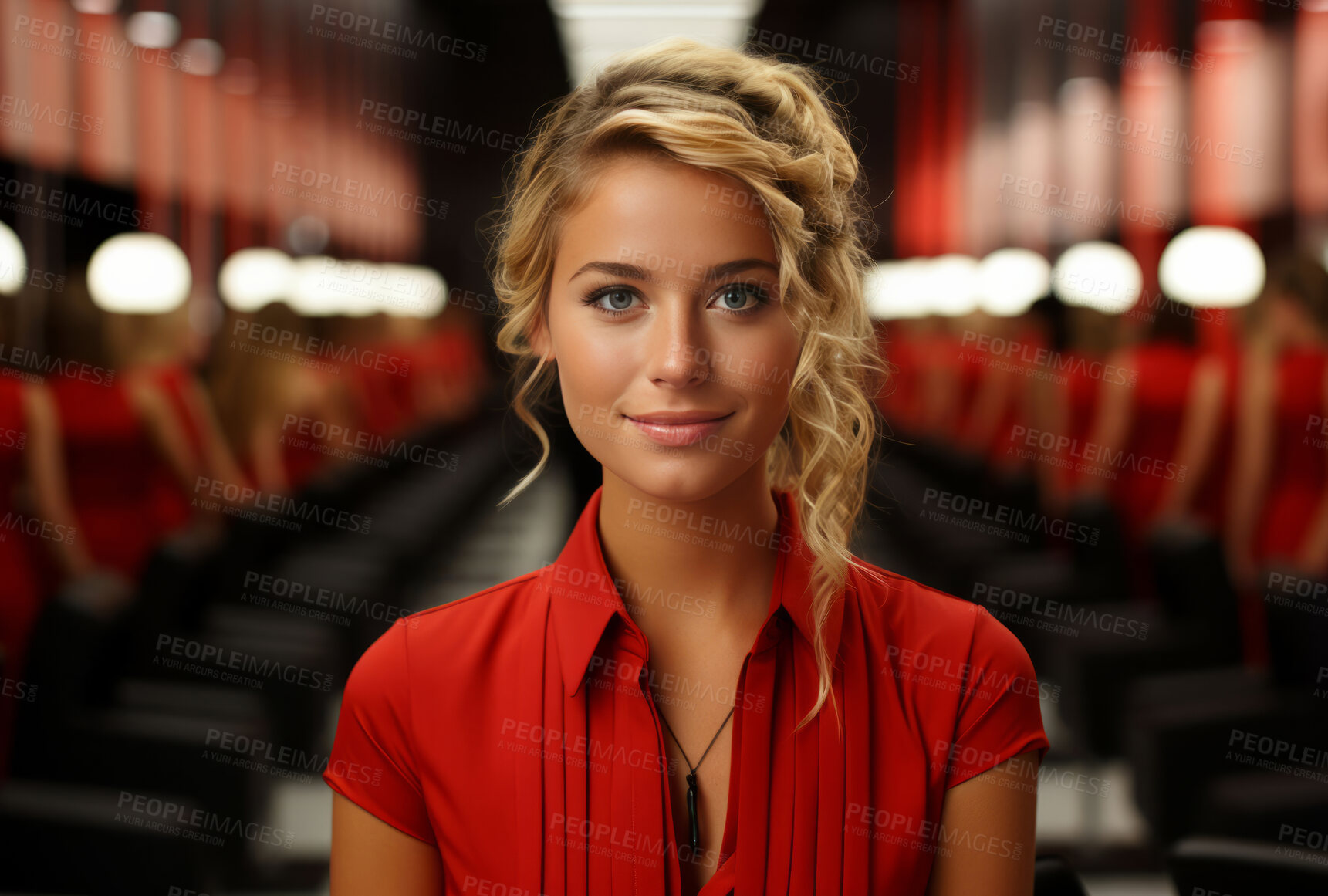 Buy stock photo Happy woman, worker and portrait with smile for management, small business or casino staff. Positive, confident and proud person for retail, restaurant and service industry with evening lights