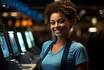 Happy woman, cashier and portrait with smile for management, small business or restaurant. Positive, confident and proud for retail, grocery store and service industry with cash register and counter.