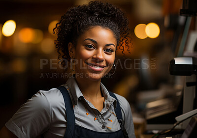 Happy woman, cashier and portrait with smile for management, small business or restaurant. Positive, confident and proud for retail, grocery store and service industry with cash register and counter.