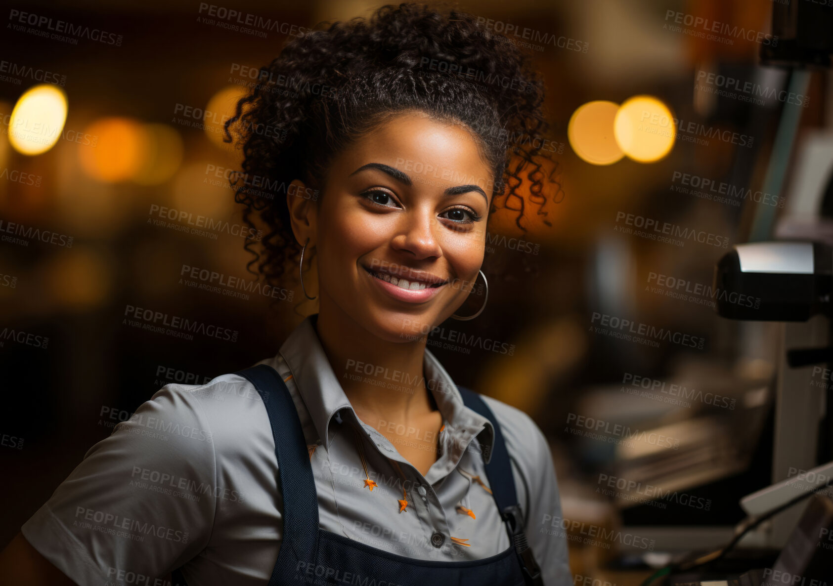 Buy stock photo Happy woman, cashier and portrait with smile for management, small business or restaurant. Positive, confident and proud for retail, grocery store and service industry with cash register and counter.