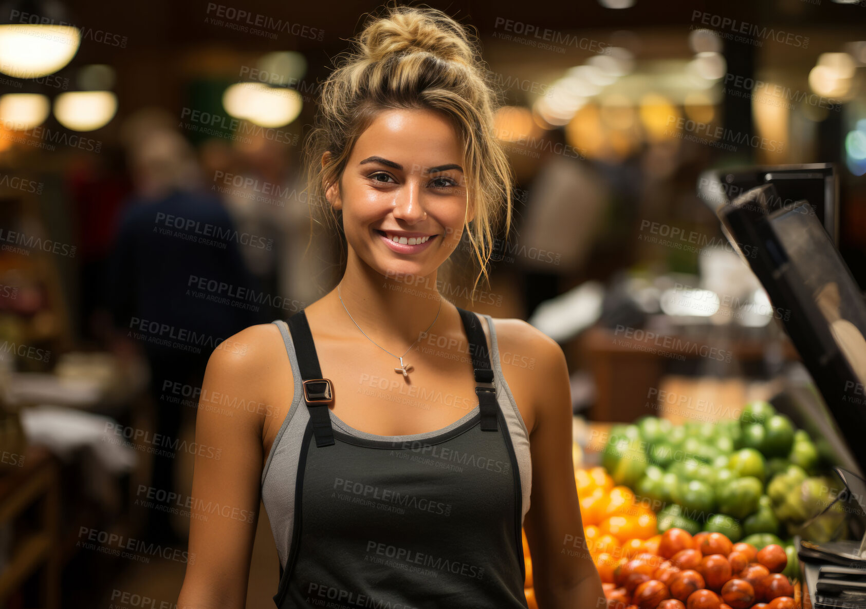 Buy stock photo Happy woman, worker and portrait with smile for management, small business or leadership. Positive, confident and proud for retail, grocery store and service industry with background and fresh food.