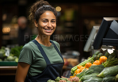 Happy woman, worker and portrait with smile for management, small business or leadership. Positive, confident and proud for retail, grocery store and service industry with background and fresh food.