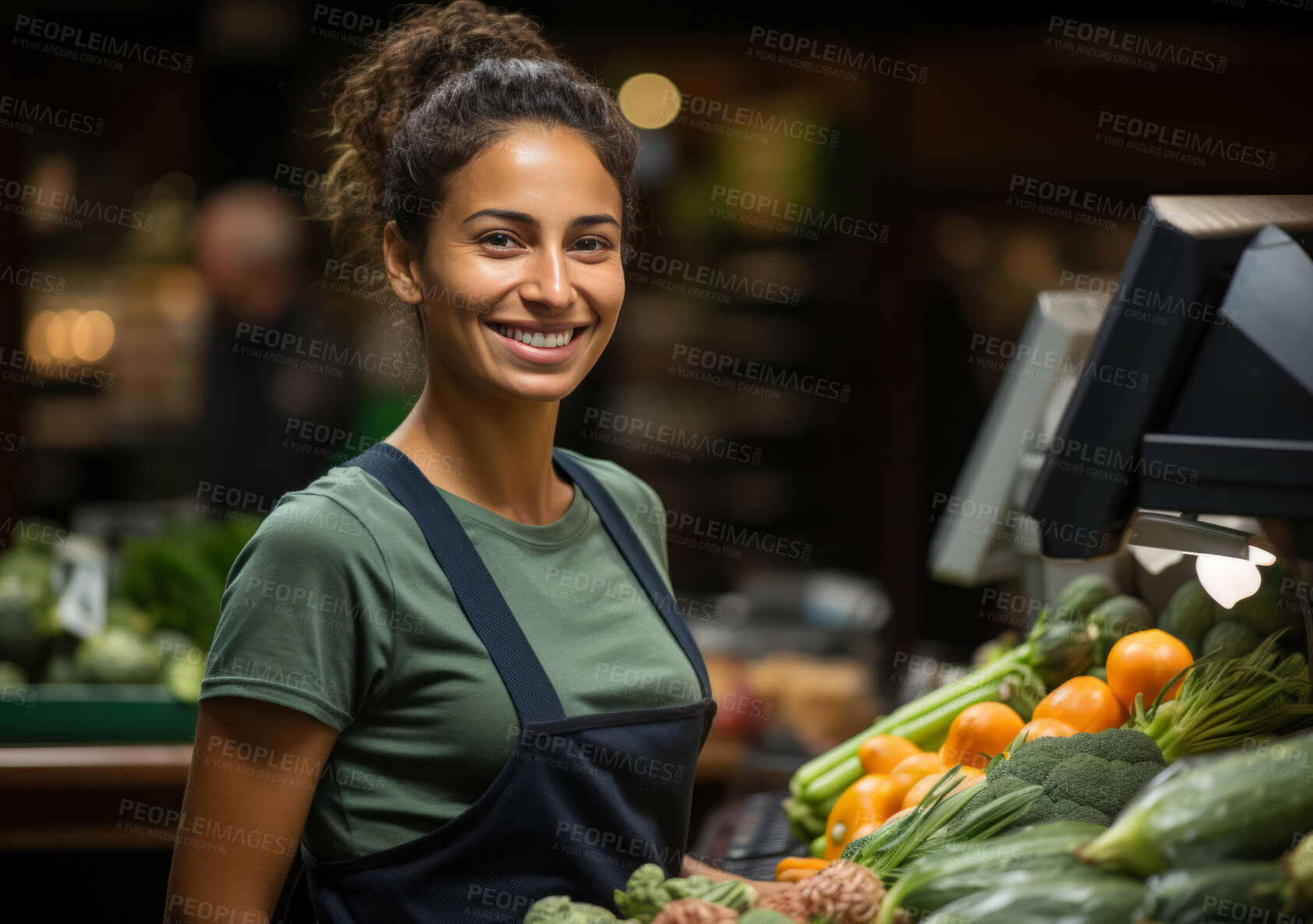 Buy stock photo Happy woman, worker and portrait with smile for management, small business or leadership. Positive, confident and proud for retail, grocery store and service industry with background and fresh food.