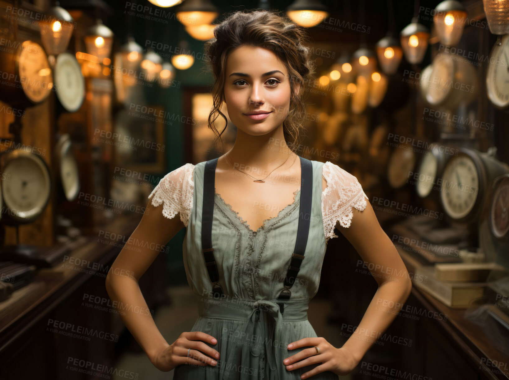 Buy stock photo Happy woman, entrepreneur  and portrait with smile for management, small business or antiques. Positive, confident and proud for retail, collectables and service industry with old clocks and counter.