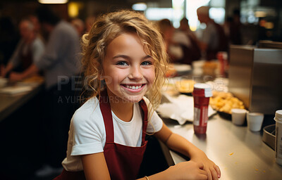 Happy child, toddler and portrait with smile for learning, small business or restaurant. Positive, confident and proud in retail, restaurant and kitchen visiting parents workplace for education.