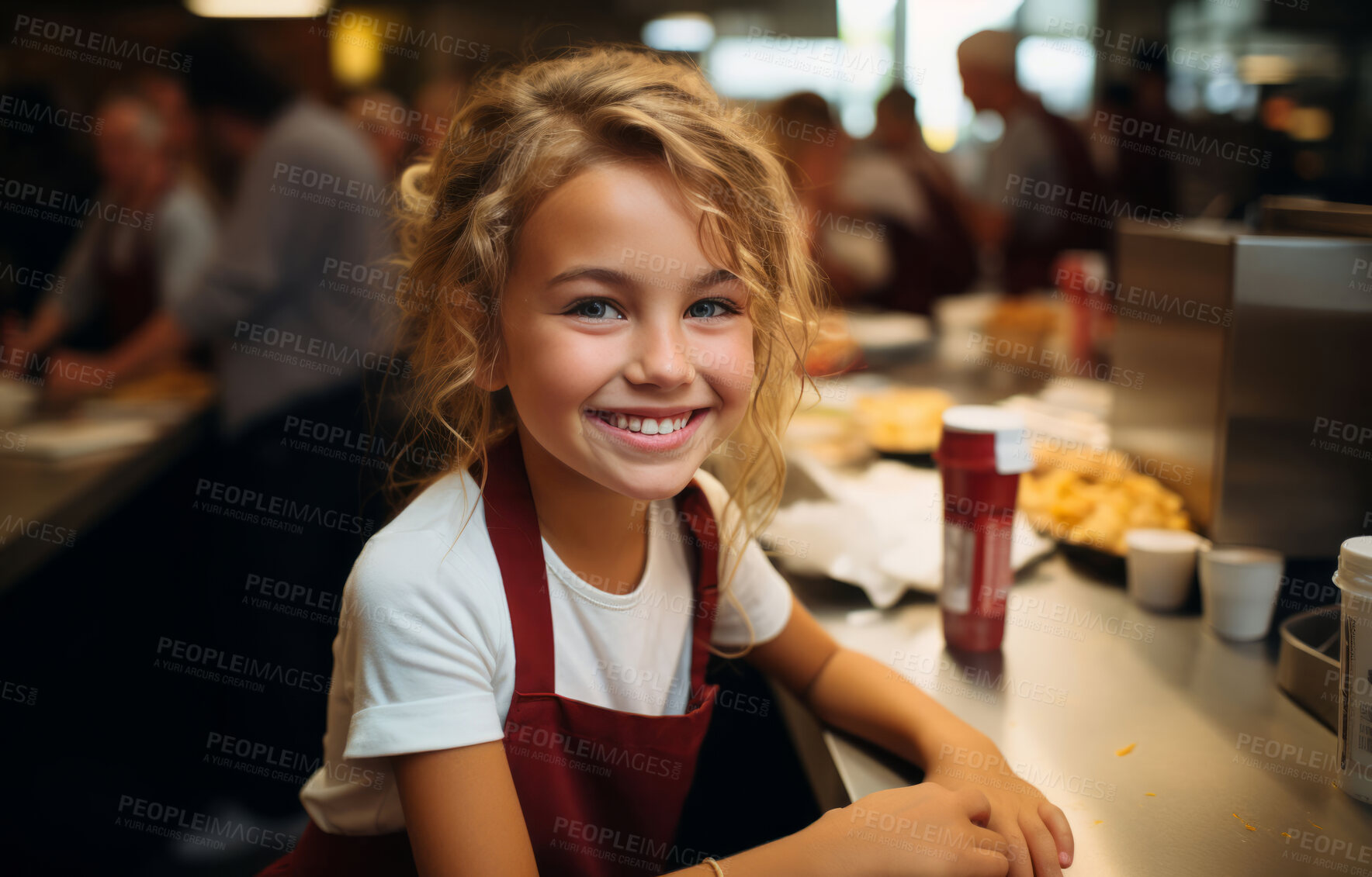 Buy stock photo Happy child, toddler and portrait with smile for learning, small business or restaurant. Positive, confident and proud in retail, restaurant and kitchen visiting parents workplace for education.