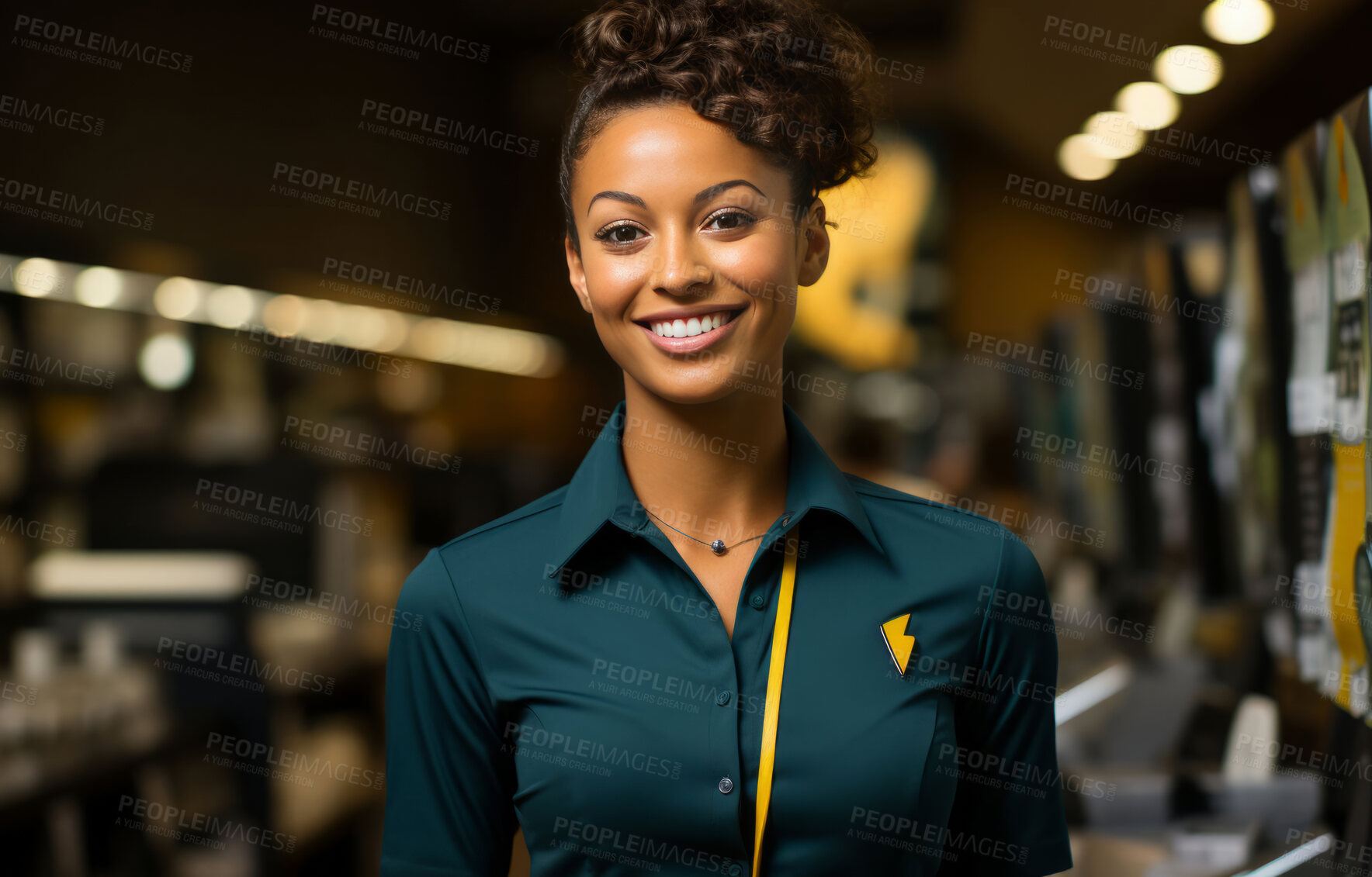 Buy stock photo Woman, worker and portrait with smile for management, small business or casino. Positive, confident and proud for retail, restaurant and customer service industry with cash register and counter.