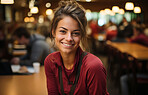 Happy woman, worker and portrait with smile for management, small business or casino staff. Positive, confident and proud person for retail, restaurant and service industry with evening lights